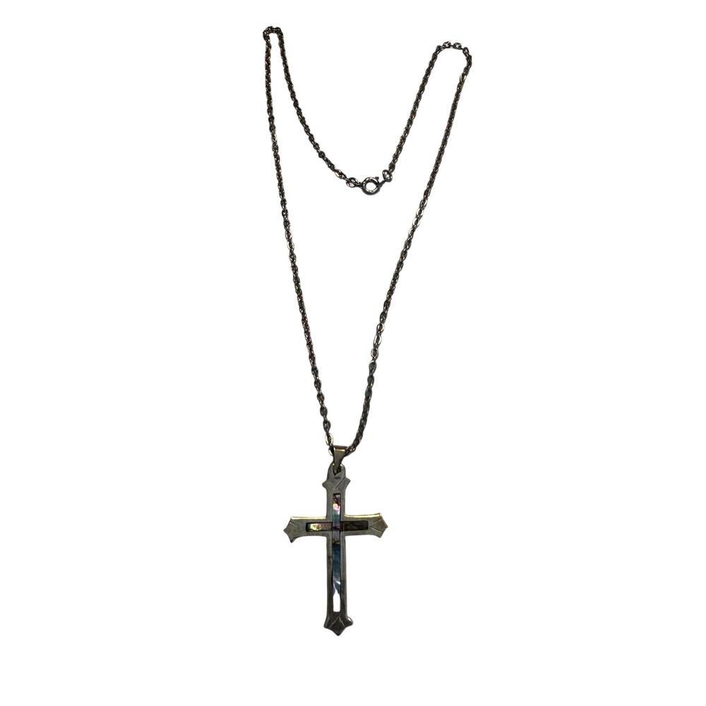 Silver Pendant Necklace Christian cross crucifix abalone inlay TD-29 jewelry
